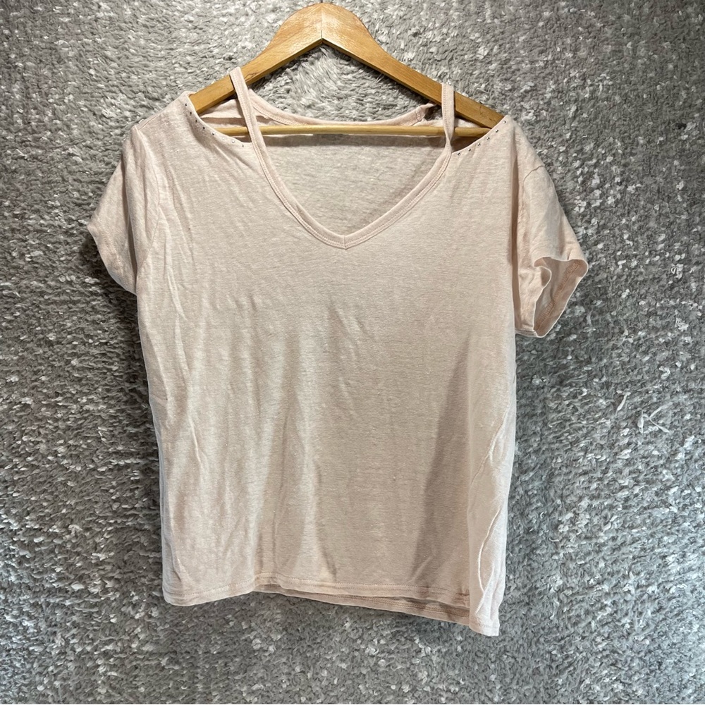 IKKS Women’s Pink Cold Shoulder Linen V-Neck Top Large Preppy Beach